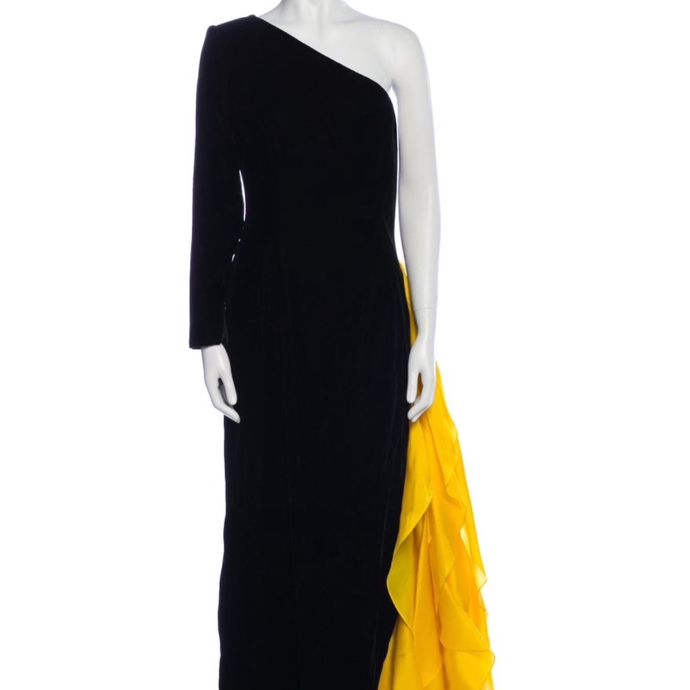 Carolina Herrera Vintage Black and Yellow One Shoulder Dress Gown Velvet Chiffon